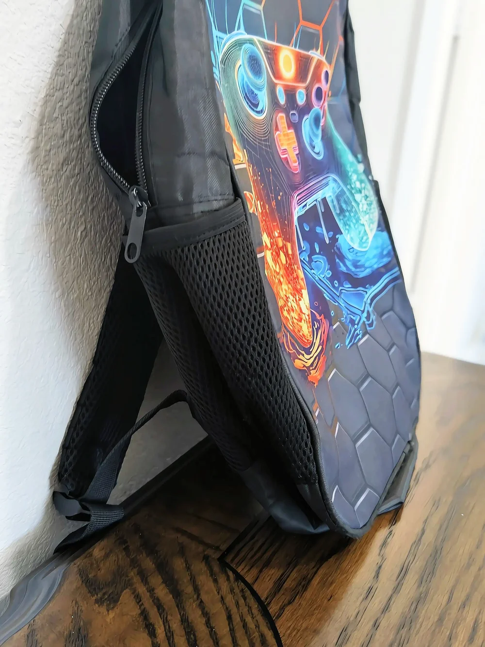 Gaming Controller Backpack - Black with Orange & Blue Controller Art